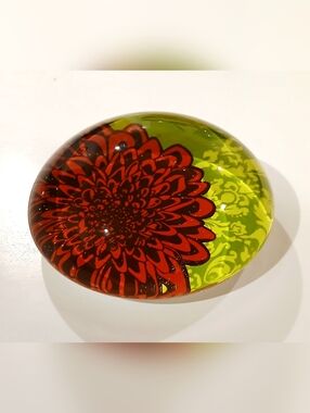 Vintage  Glass Paperweight with Red And Green Floral Design